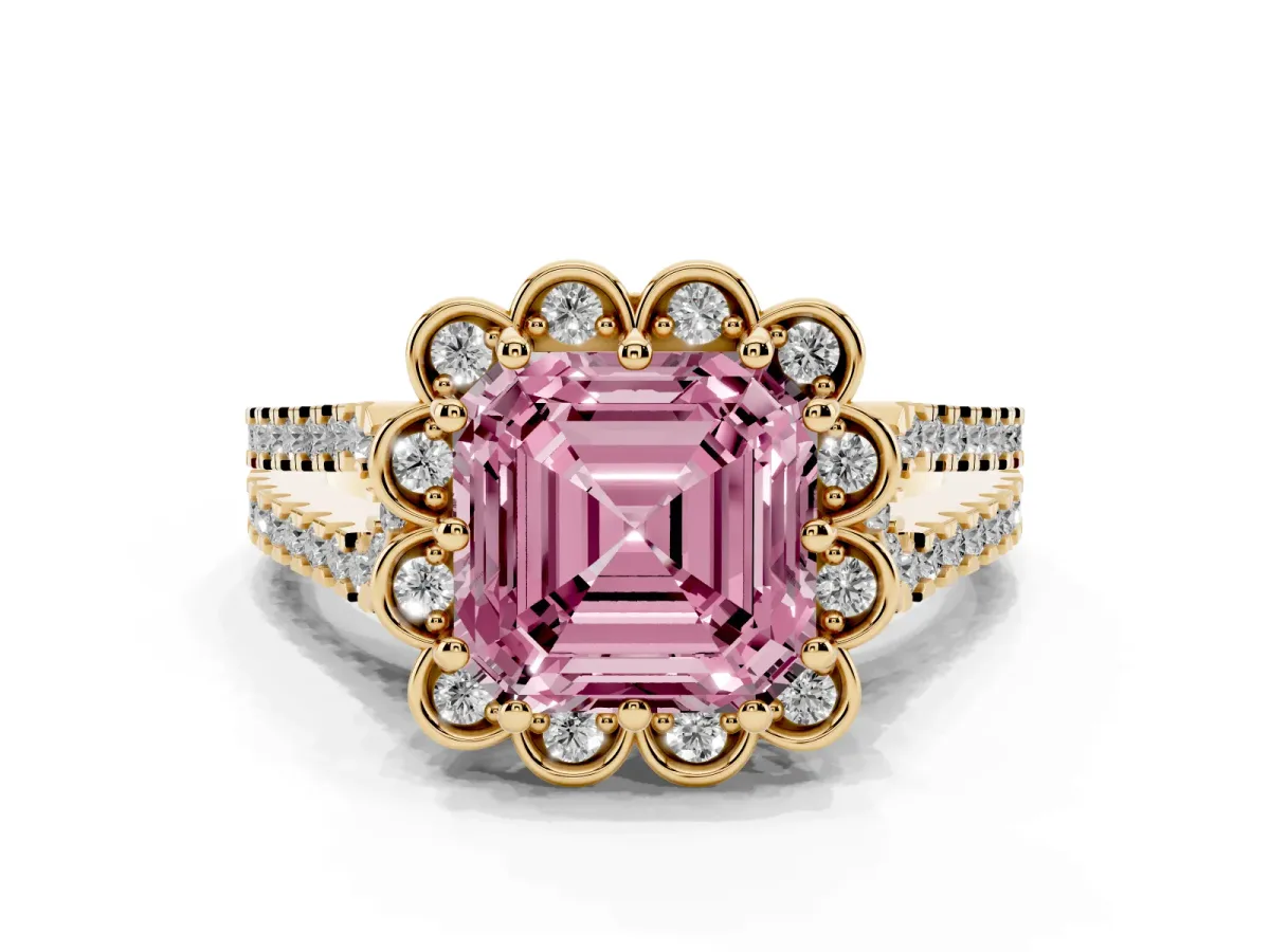 Fancy Pink Asscher Cut Halo Diamond Floral Split Shank Engagement Ring Yellow gold