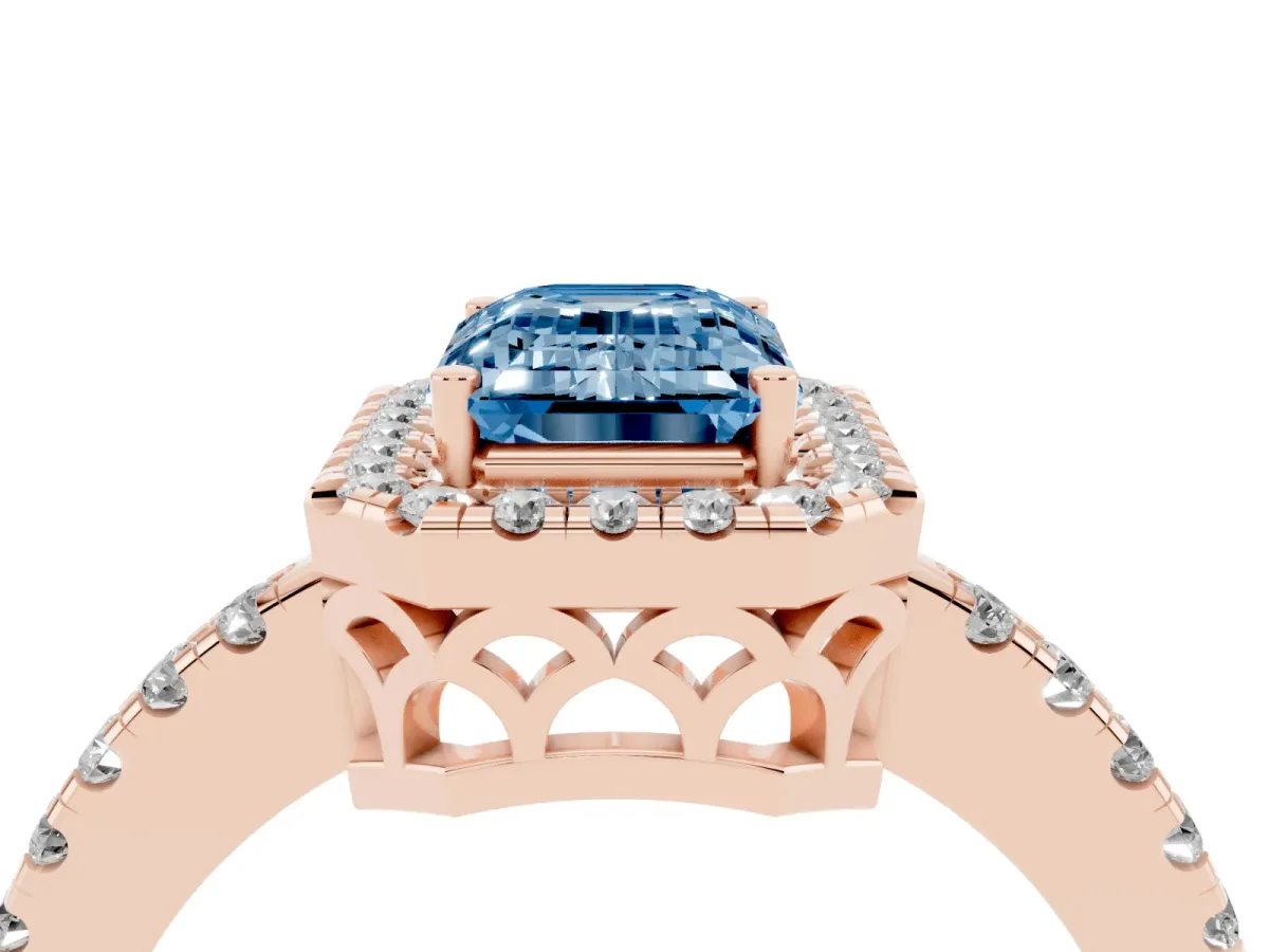 Fancy Blue Emerald Cut Halo Diamond Engagement Ring with Pavé Band and Four-Prong Setting Rose gold