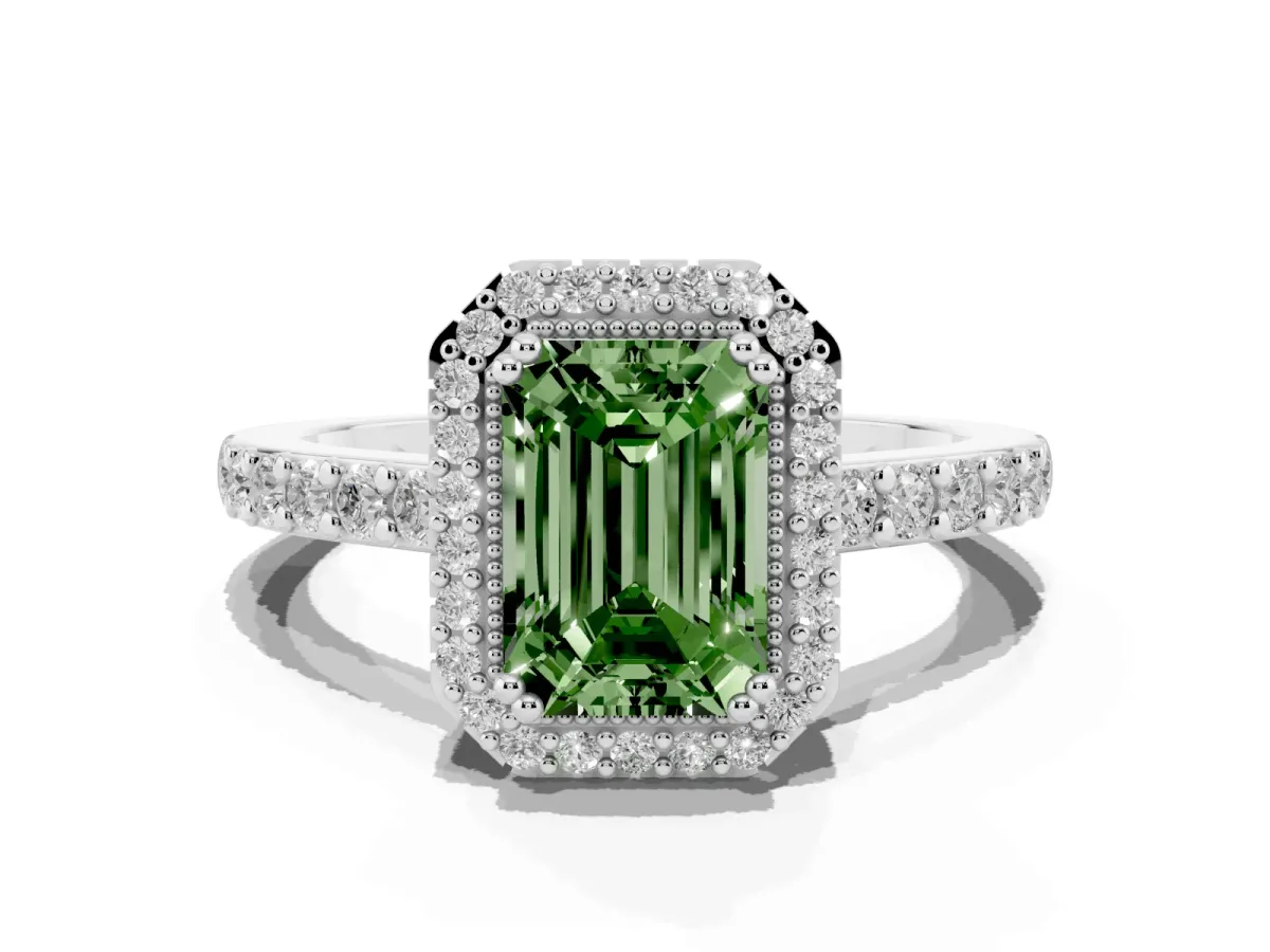 Fancy Green Emerald Cut Cut Diamond Halo Engagement Ring with Milgrain Detail and Pavé Band Silver