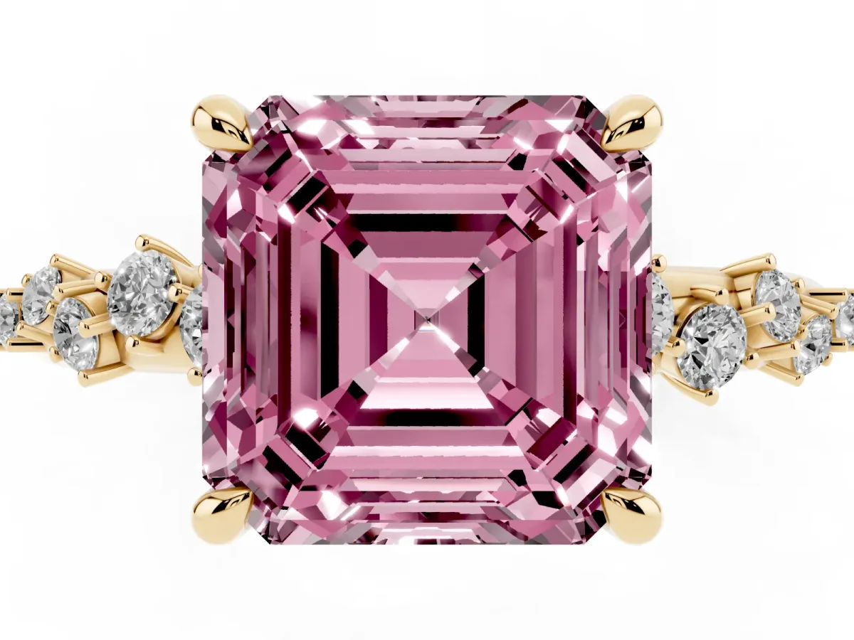 Fancy Pink Asscher Cut Cut Diamond Vine Band with Four-Prong Setting Yellow gold