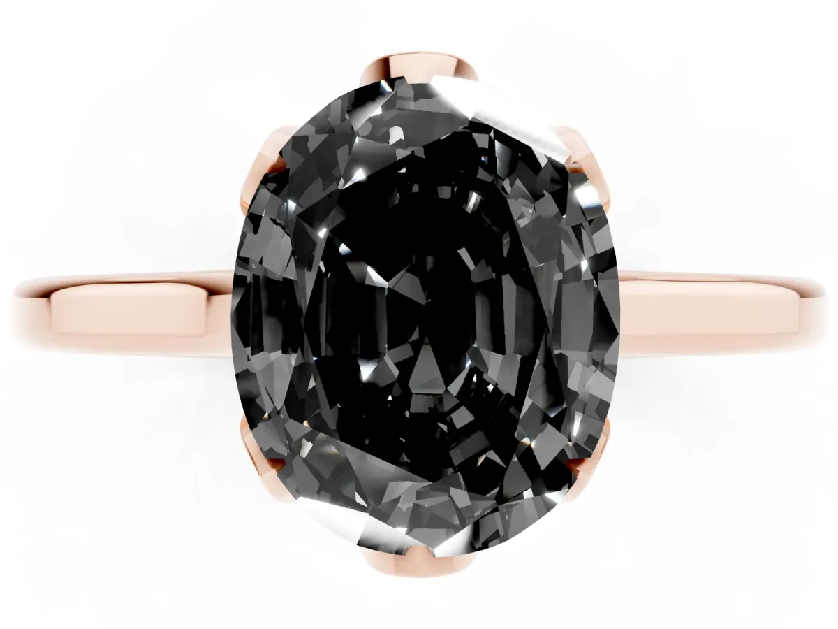 Fancy Black Oval Cut Diamond Solitaire Ring with Flower Prong Setting and Classic Band Rose gold