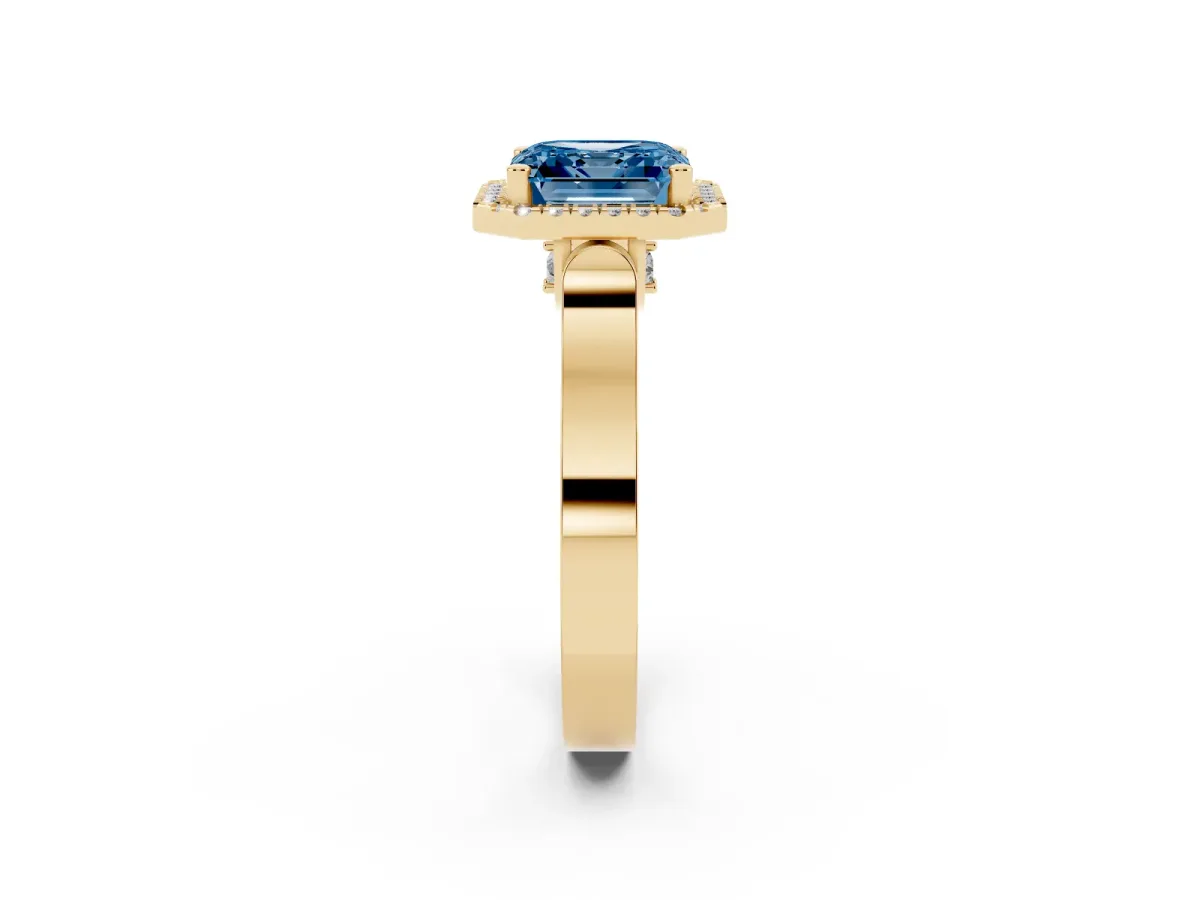 Fancy Blue Asscher Cut Halo Pave Split Shank Prong Setting Ring Yellow gold