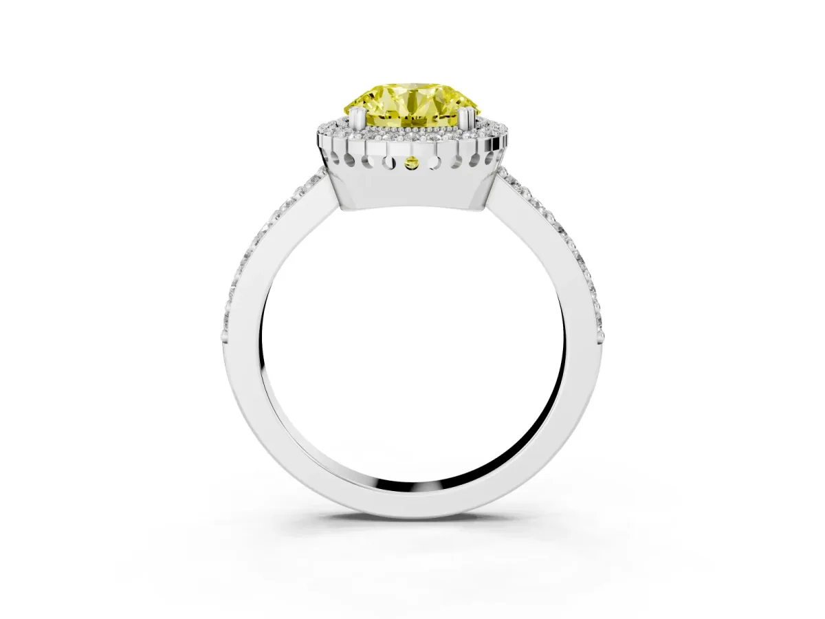 Fancy Yellow Round Cut Cut Diamond Halo Engagement Ring with Milgrain Detail and Pavé Band Platinum