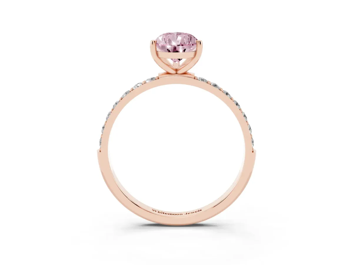 Fancy Pink Pear Cut Diamond Solitaire Ring with Round Pavé Shoulders and Prong Setting Rose gold