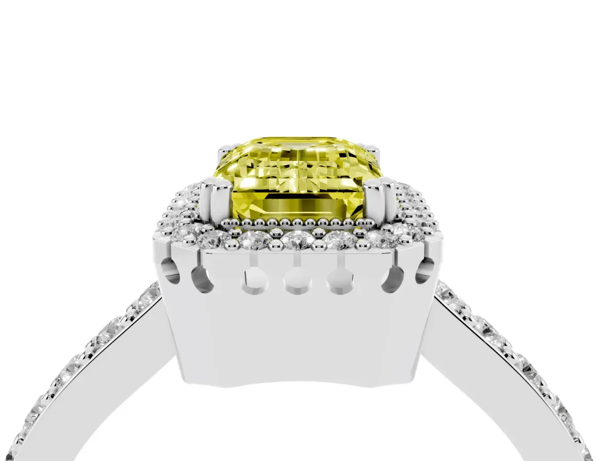Fancy Yellow Emerald Cut Cut Diamond Halo Engagement Ring with Milgrain Detail and Pavé Band Silver