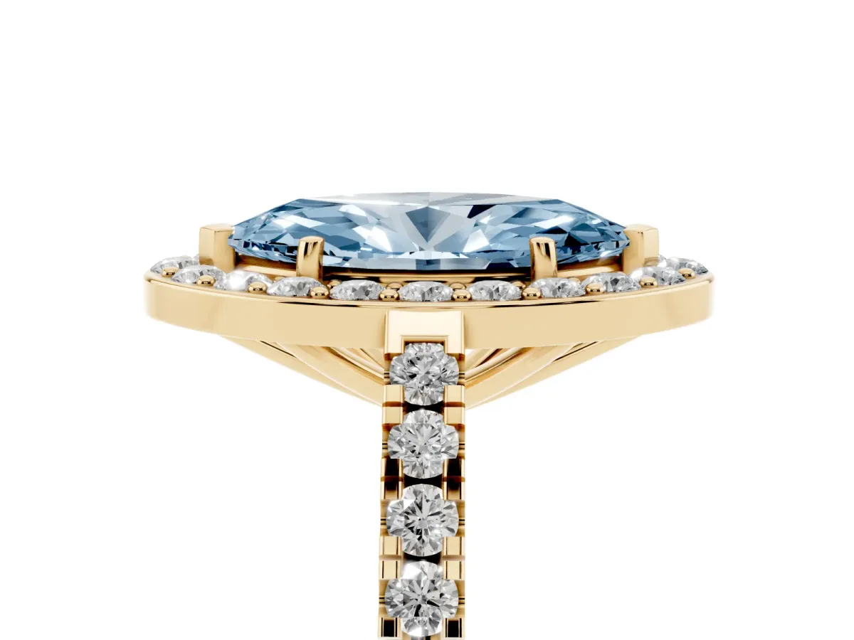 Fancy Blue Marquise Cut Diamond Halo Ring with Round Pavé Split Shank and Prong Setting Yellow gold