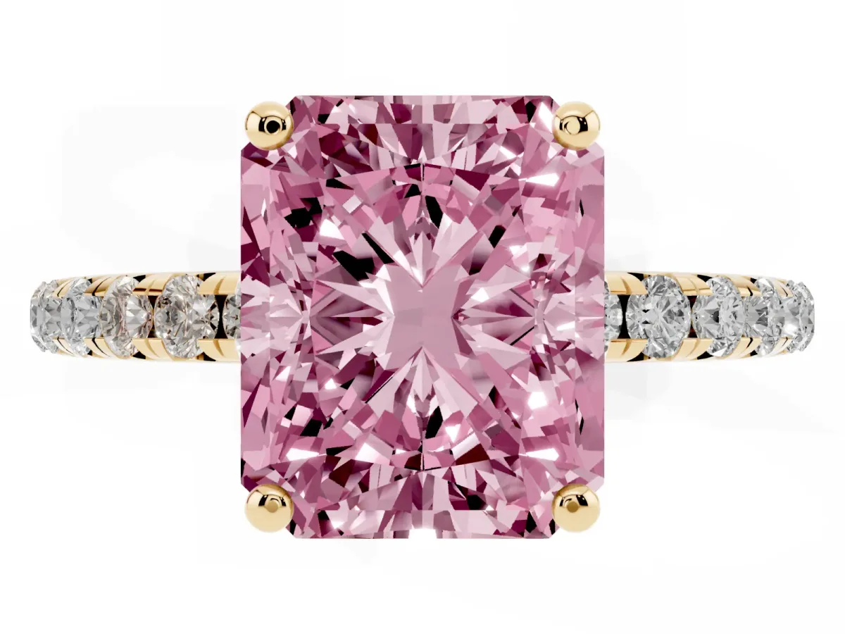 Fancy Pink Radiant Cut Cut Diamond Solitaire Ring with Micro Pave Band and Four Prong Setting Yellow gold