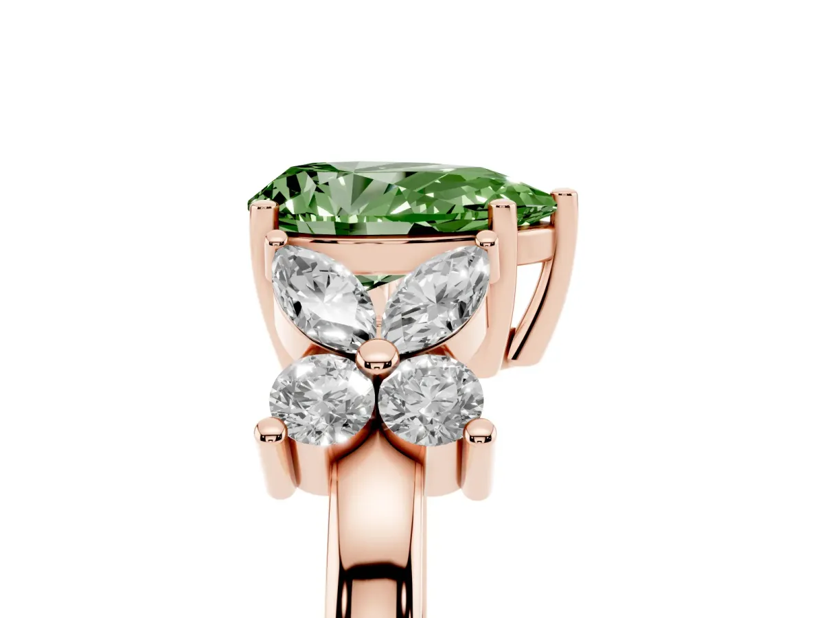 Fancy Green Pear Cut Diamond Floral Cluster Ring with Solitaire Band and Prong Setting Rose gold
