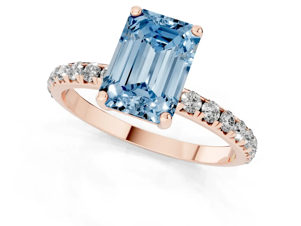 Fancy Blue Emerald Cut Cut Diamond Solitaire Ring with Micro Pave Band and Four Prong Setting Rose gold