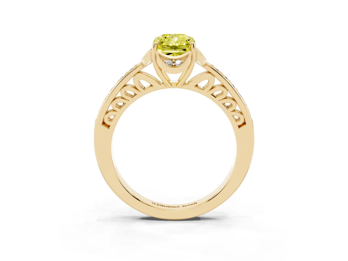 Fancy Yellow Radiant Cut Cut Halo Diamond Ring with Channel Set Band and Four-Prong Setting Yellow gold