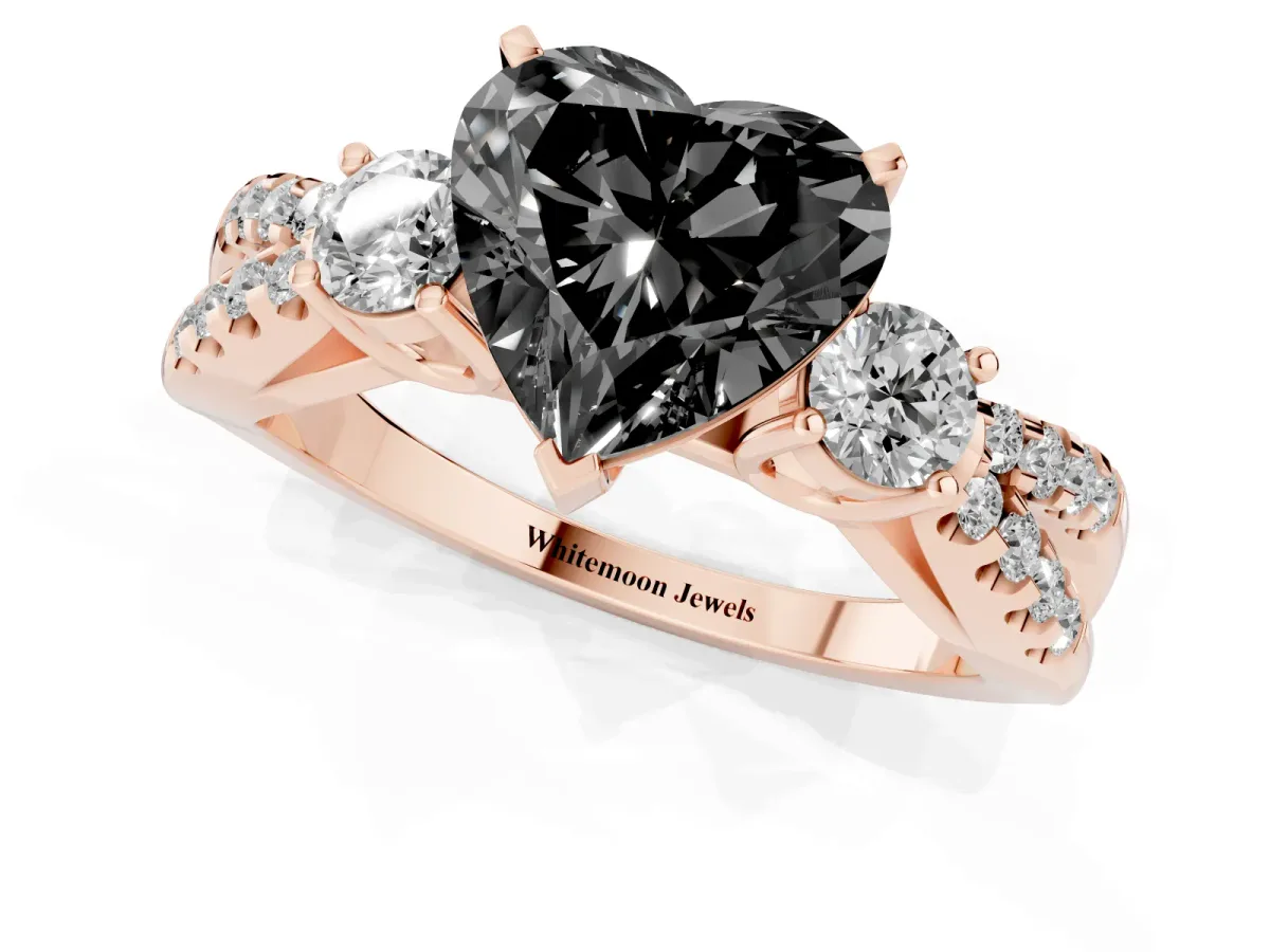 Fancy Black Heart Cut Diamond Three-Stone Ring with Pavé Split Shank and Four-Prong Setting Rose gold