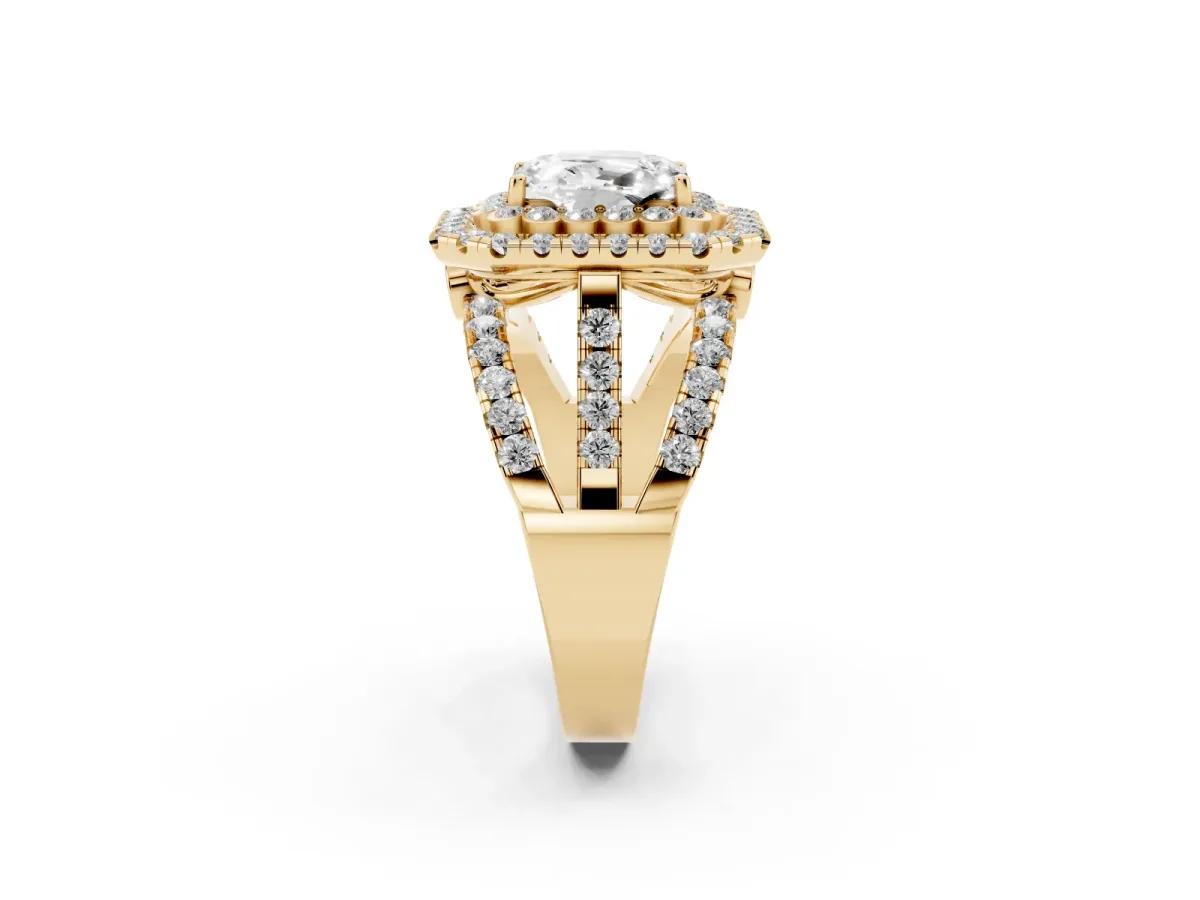 Emerald Cut Diamond Double Halo Ring with Round Pavé Split Shank and Prong Setting Yellow gold