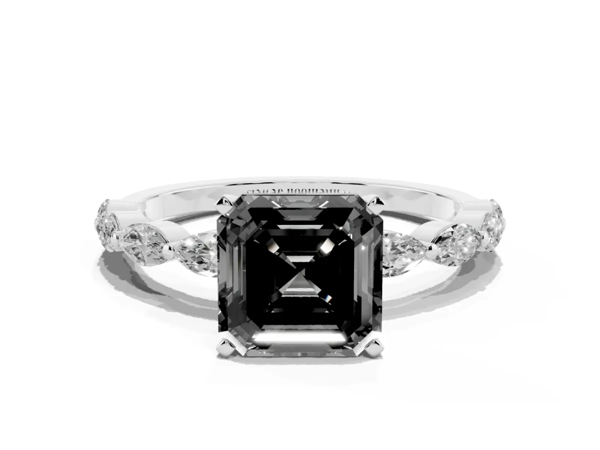 Fancy Black Asscher Cut Diamond Ring with Marquise Side Stones and Prong Setting Platinum