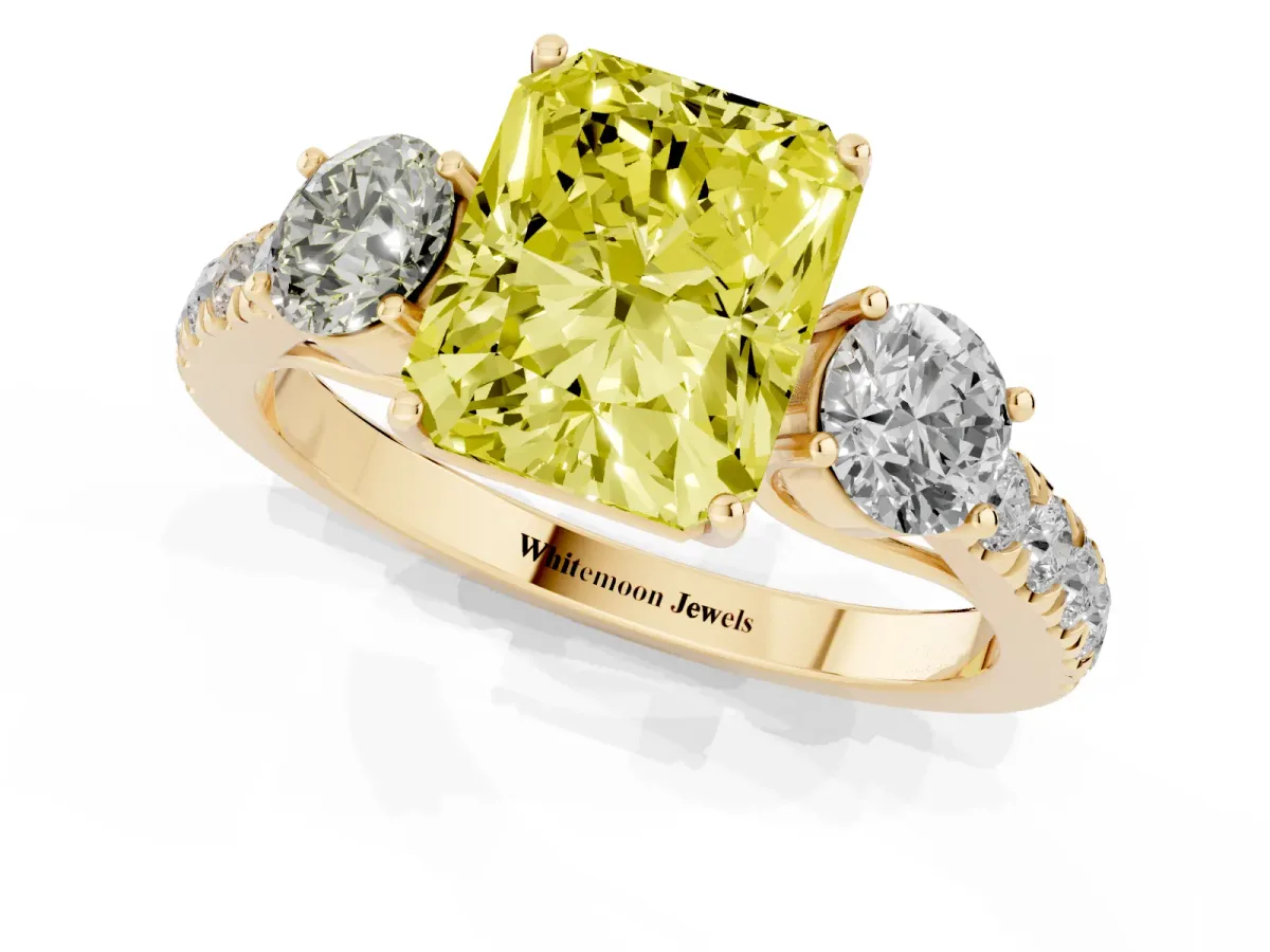 Fancy Yellow Radiant Cut Cut Diamond Three-Stone Ring with Round Side Stones and Pavé Band Yellow gold
