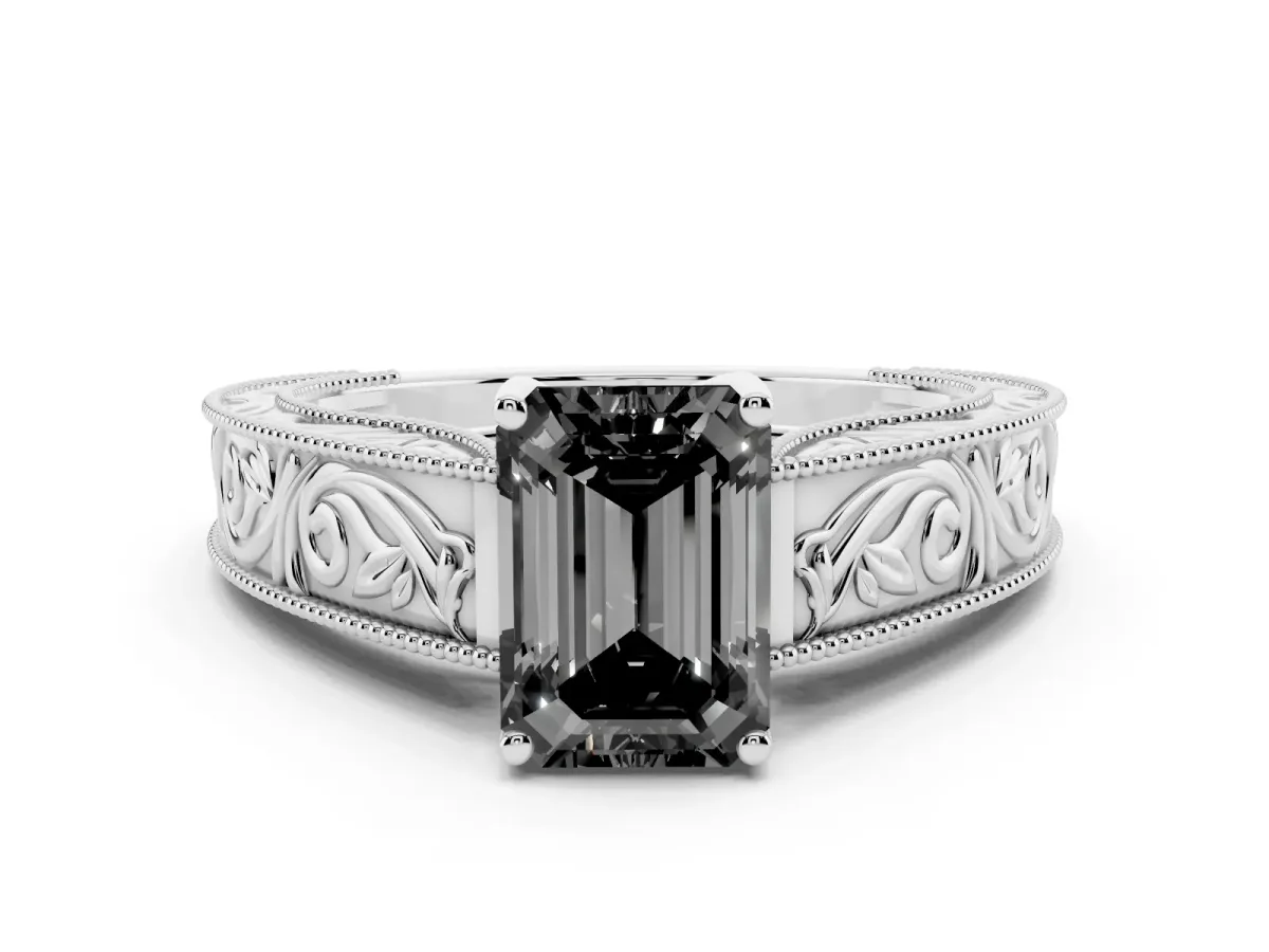 Fancy Black Emerald Cut Diamond Solitaire Ring with Engraved Band and Four-Prong Setting White gold