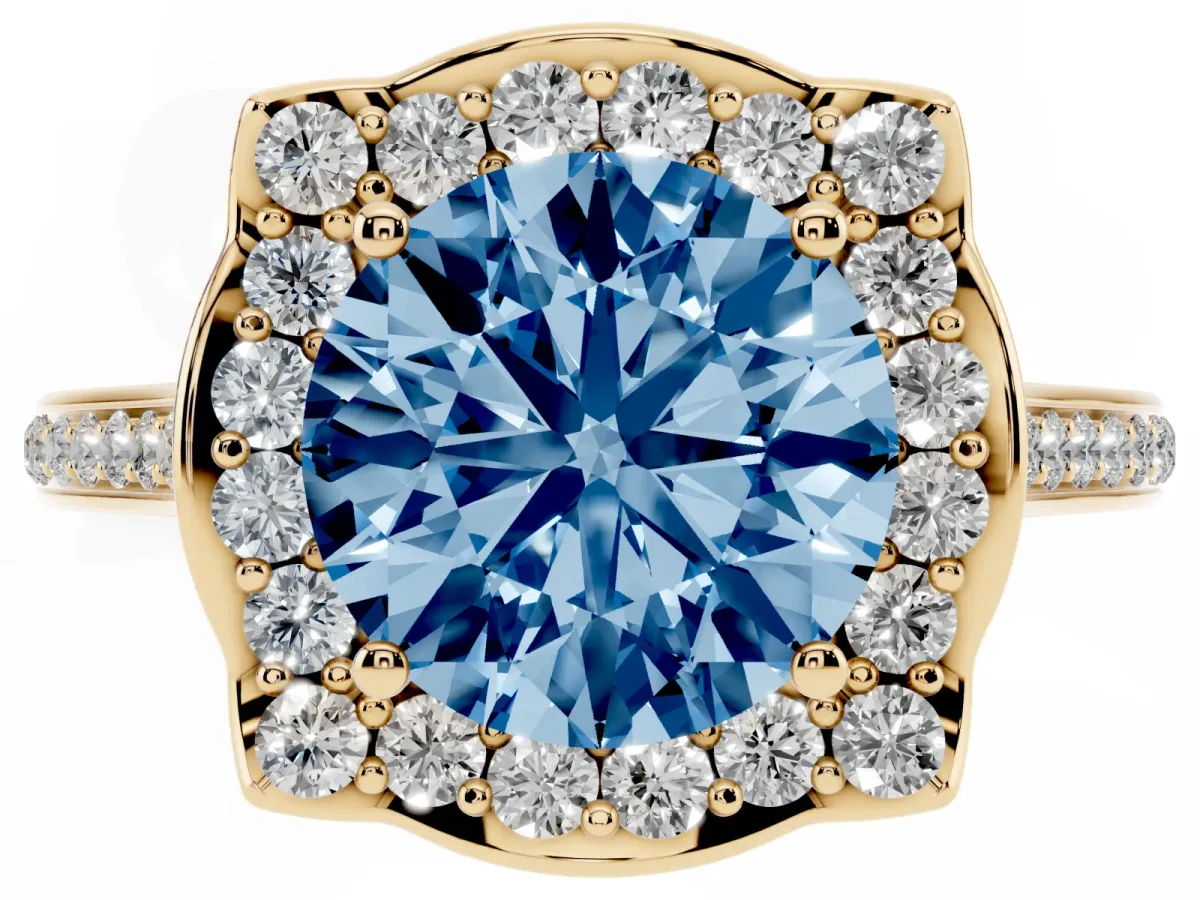 Fancy Blue Round Cut Halo Round Diamond Pave Band with Four-Prong Setting Yellow gold