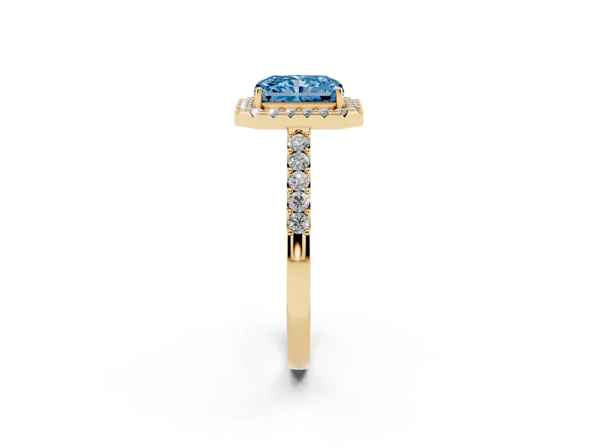 Fancy Blue Radiant Cut Halo Diamond Pavé Solitaire Ring Yellow gold