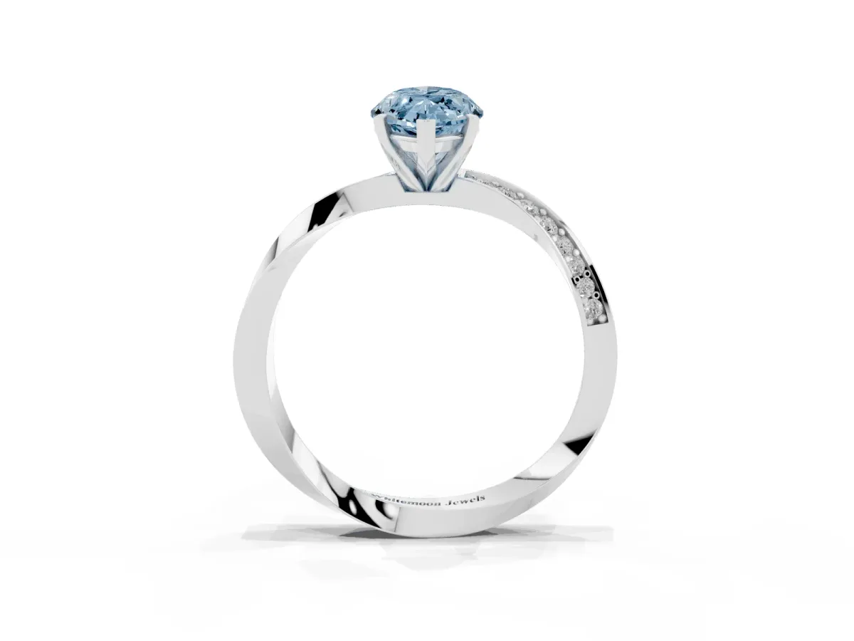 Fancy Blue Marquise Cut Diamond Engagement Ring with Side Stone Accents and Four-Prong Setting Silver