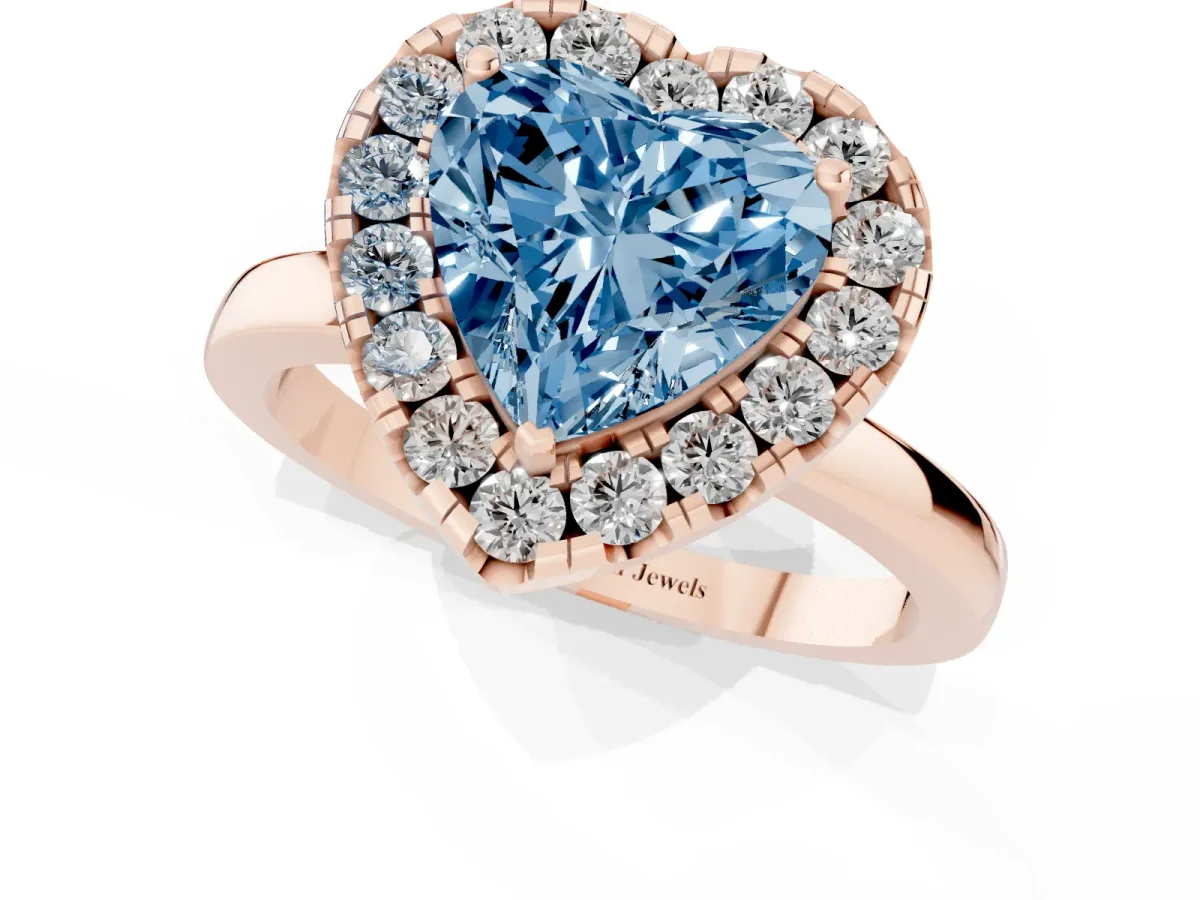 Fancy Blue Heart Cut Halo Diamond Solitaire with Pavé Band and Four-Prong Setting Rose gold