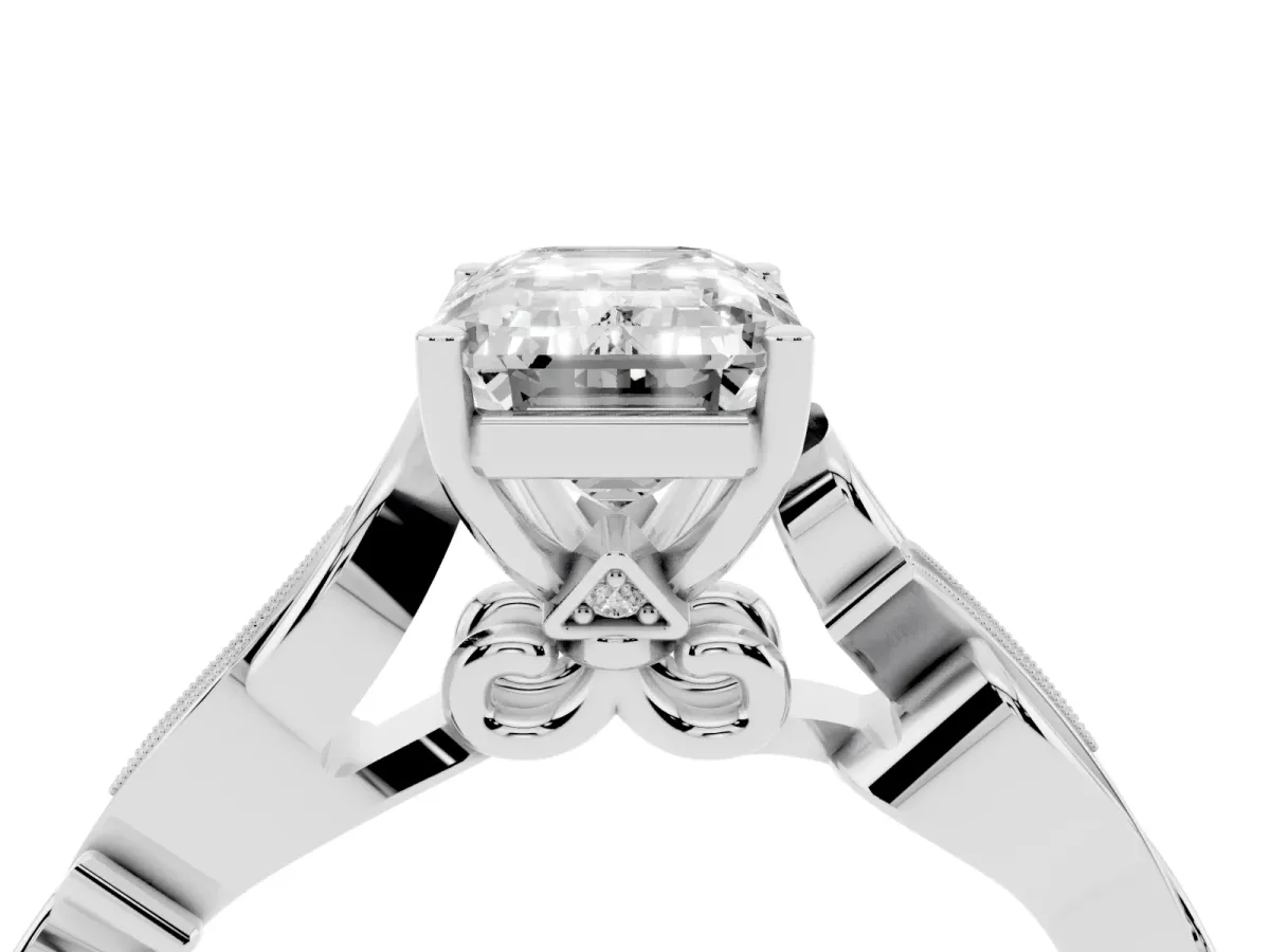 Emerald Cut Solitaire Vine Band with Milgrain Prong Setting Platinum