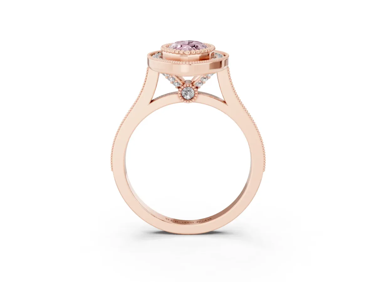 Fancy Pink Marquise Cut Diamond Halo Ring with Milgrain Frame and Pavé Band Rose gold