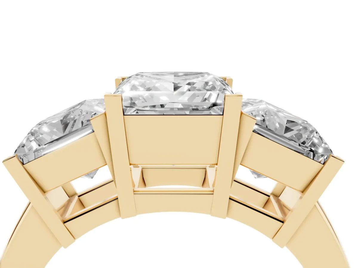Three-Stone Princess Cut Cut Diamond Ring with Channel Set Band and Four-Prong Setting Yellow gold