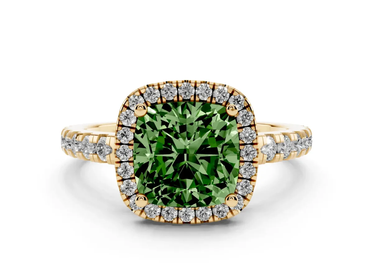 Fancy Green Cushion Cut Diamond Halo Ring with Pavé Band and Four-Prong Setting Yellow gold