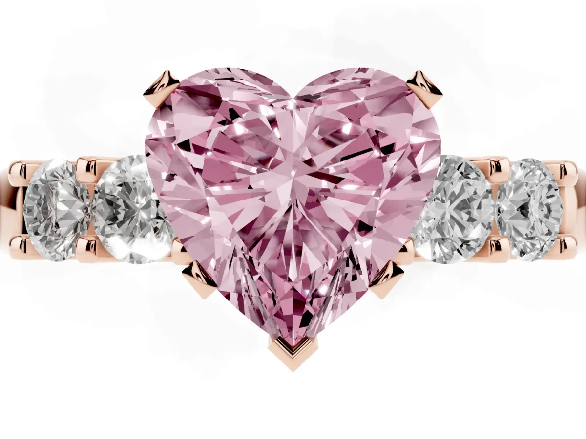 Fancy Pink Heart Cut Brilliant Cut Diamond Five-Stone Prong Set Engagement Ring with Channel Band Rose gold