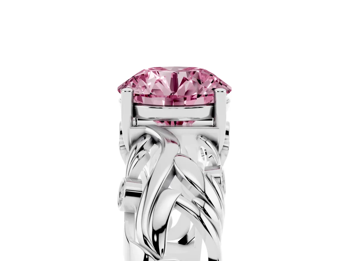 Fancy Pink Round Cut Solitaire Diamond Leaf-Inspired Vine Band Ring with Prong Setting Silver
