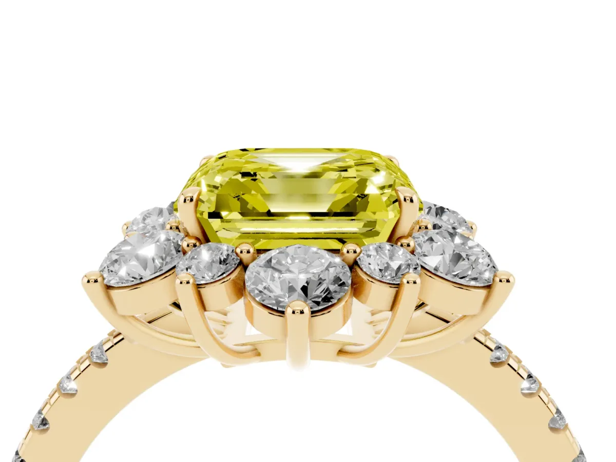 Fancy Yellow Asscher Cut Diamond Floral Halo Ring with Round Pavé Band and Prong Setting Yellow gold