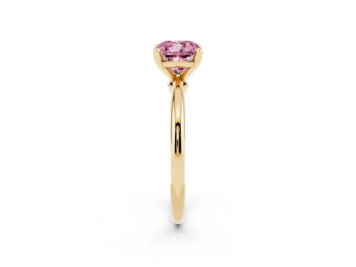 Fancy Pink Cushion Cut Diamond Solitaire Ring with Prong Setting and Classic Band Yellow gold