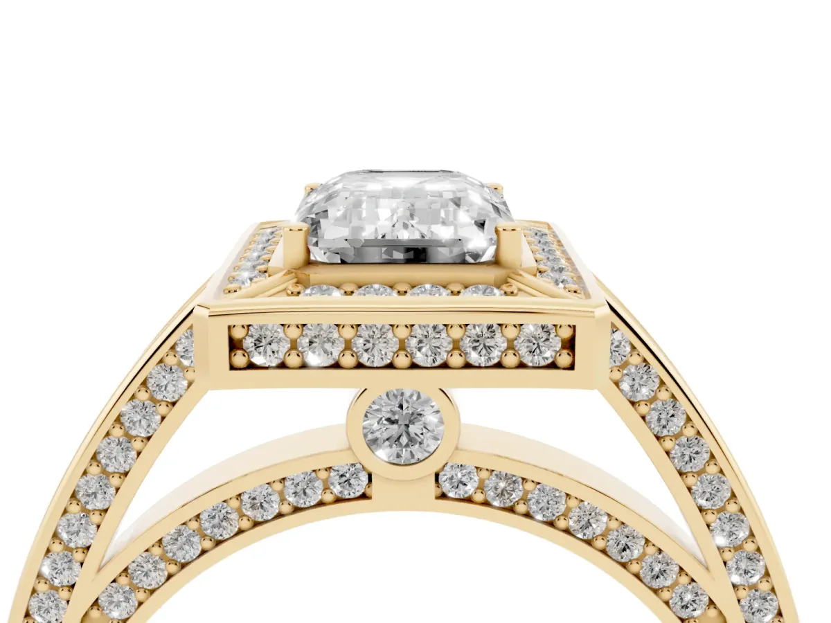 Emerald Cut Cut Halo Pave Split Shank Prong Setting Ring Yellow gold