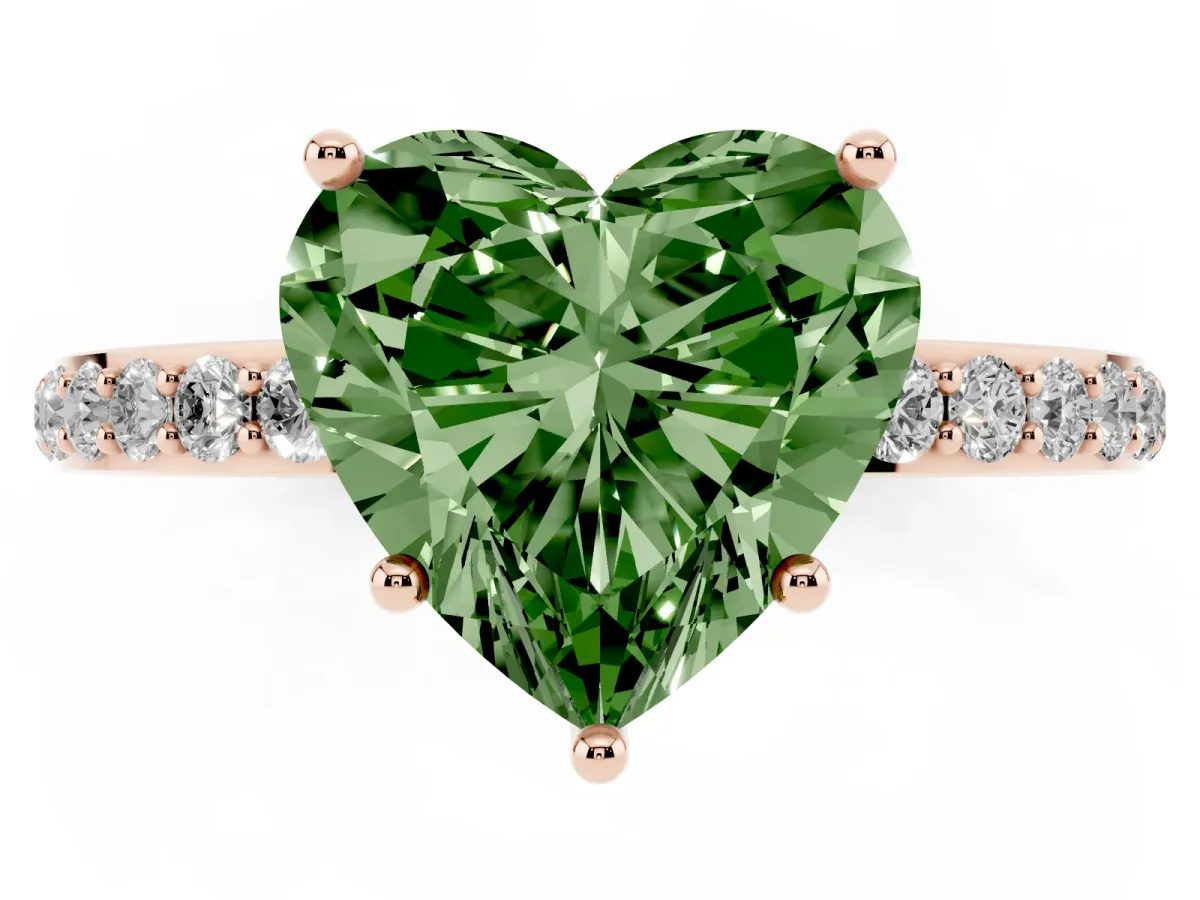 Fancy Green Heart Cut Diamond Solitaire Ring with Pavé Band and Hidden Halo Rose gold