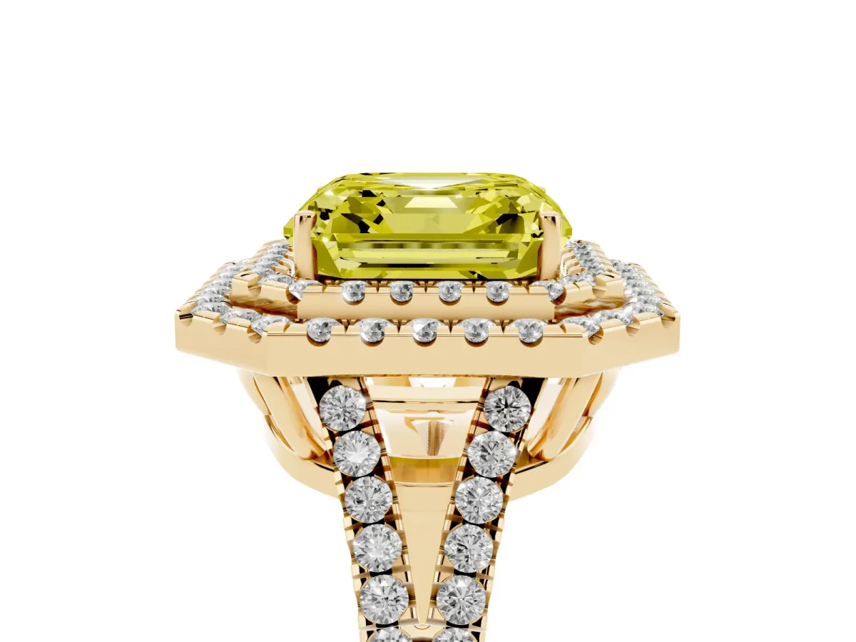 Fancy Yellow Asscher Cut Diamond Double Halo Ring with Pavé Band and Prong Setting Yellow gold