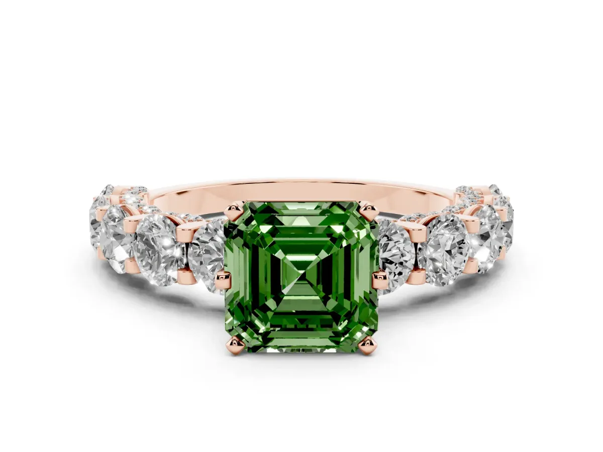 Fancy Green Asscher Cut Diamond Side Stone Engagement Ring with Four-Prong Setting Rose gold