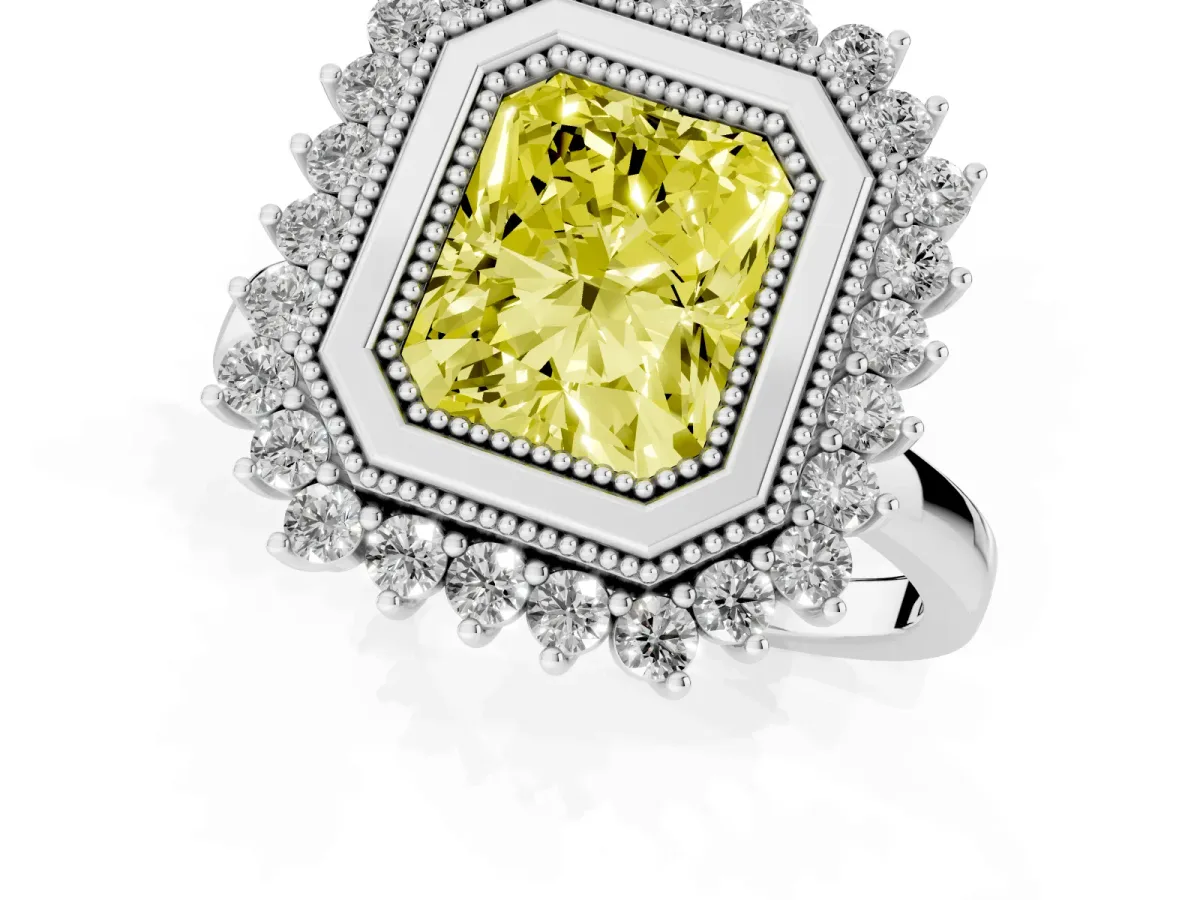 Fancy Yellow Radiant Cut Halo Diamond Ring with Milgrain Edge and Round Prong Setting Silver