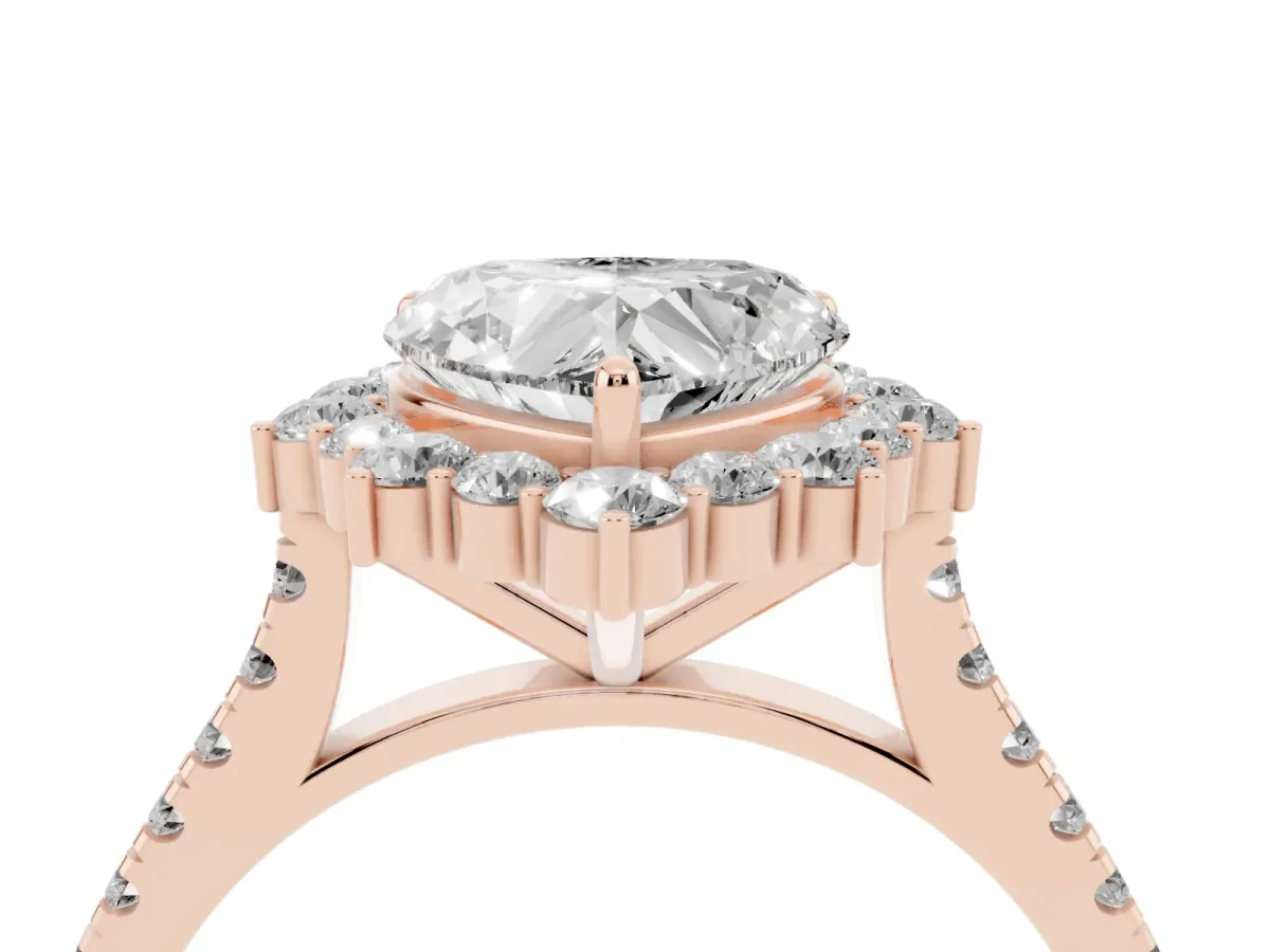 Heart Cut Halo Diamond Ring with Pavé Band and Prong Setting Rose gold
