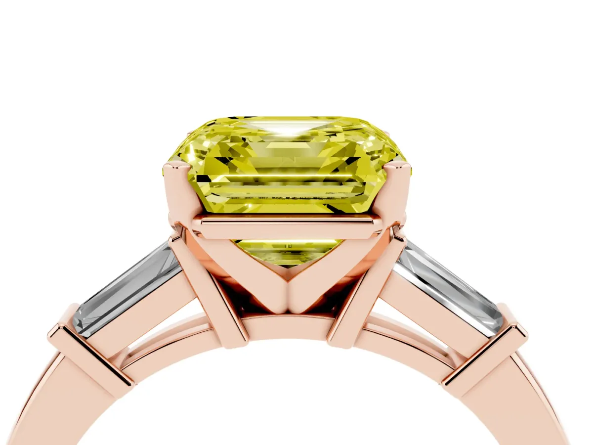 Fancy Yellow Asscher Cut Cut Diamond Solitaire Ring with Tapered Baguette Accents and Four-Prong Setting Rose gold