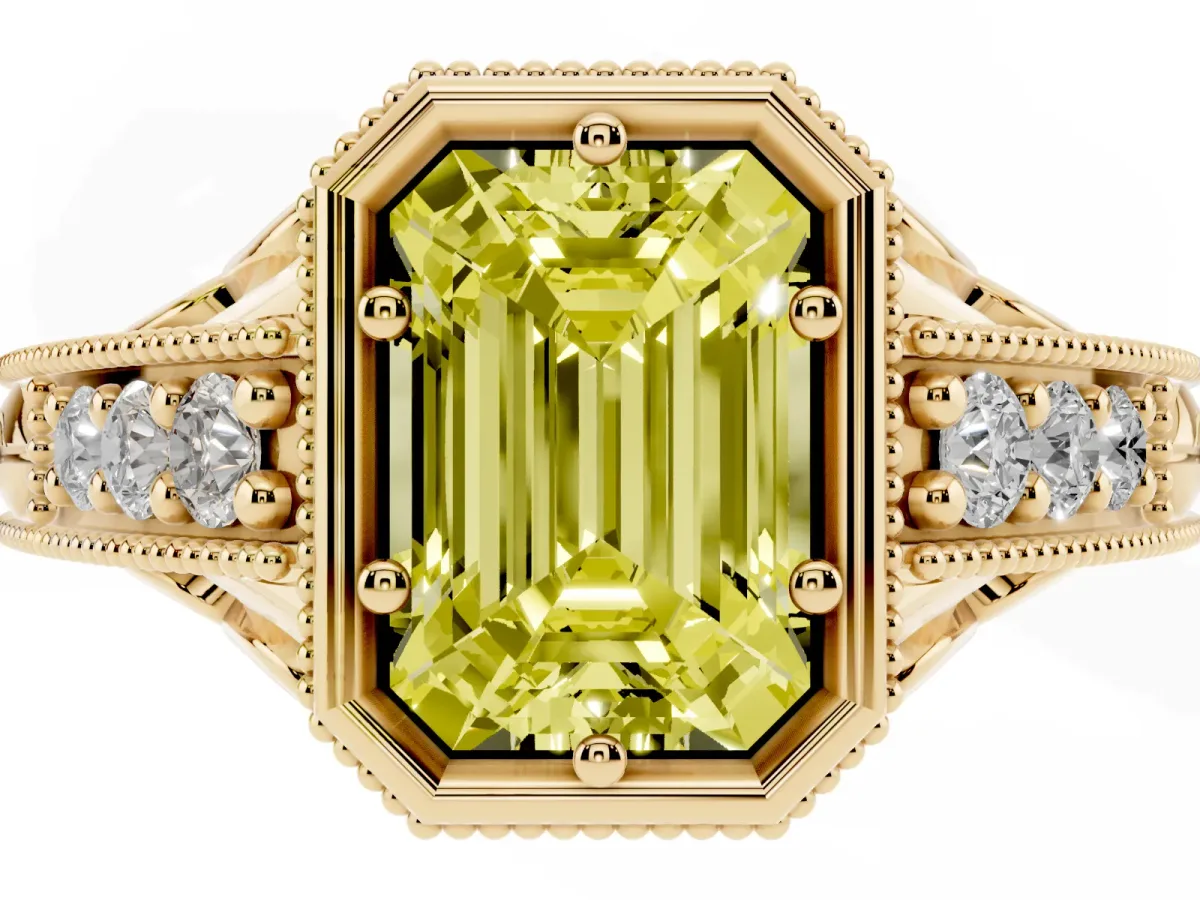 Fancy Yellow Bezel Set Emerald Cut Diamond Milgrain Pave Engagement Ring Yellow gold