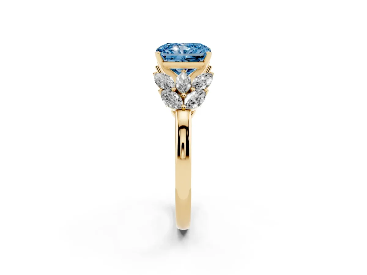 Fancy Blue Radiant Cut Diamond Cluster Leaf Design Ring with Prong Setting Yellow gold
