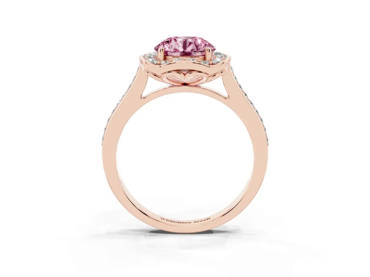 Fancy Pink Round Cut Halo Round Diamond Pave Band with Four-Prong Setting Rose gold