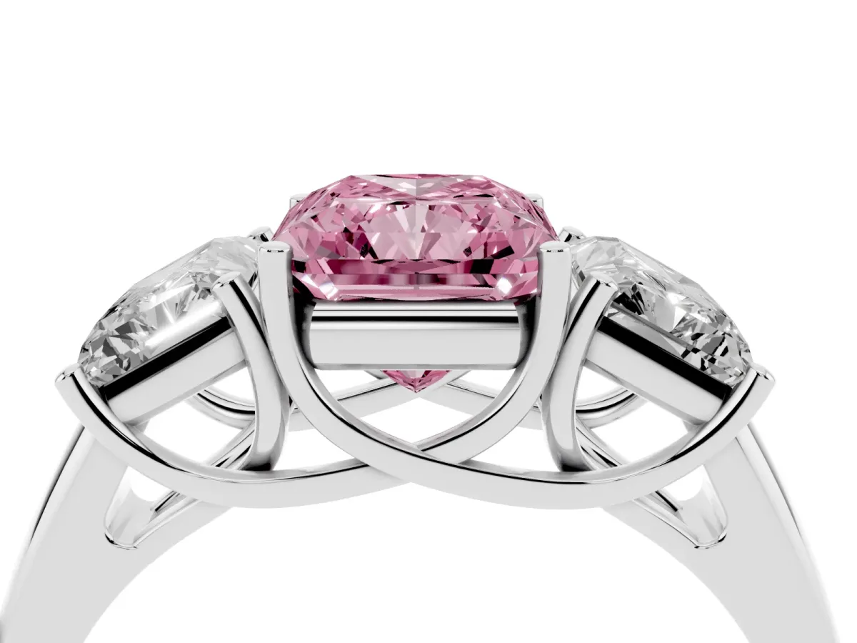 Fancy Pink Three-Stone Radiant Cut Diamond Engagement Ring with Prong Setting Silver