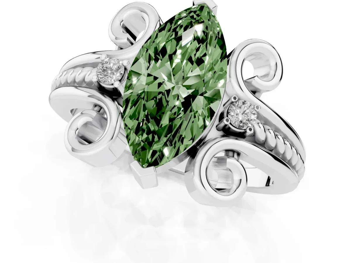 Fancy Green Marquise Cut Solitaire Twisted Band Scroll Prong Ring Platinum