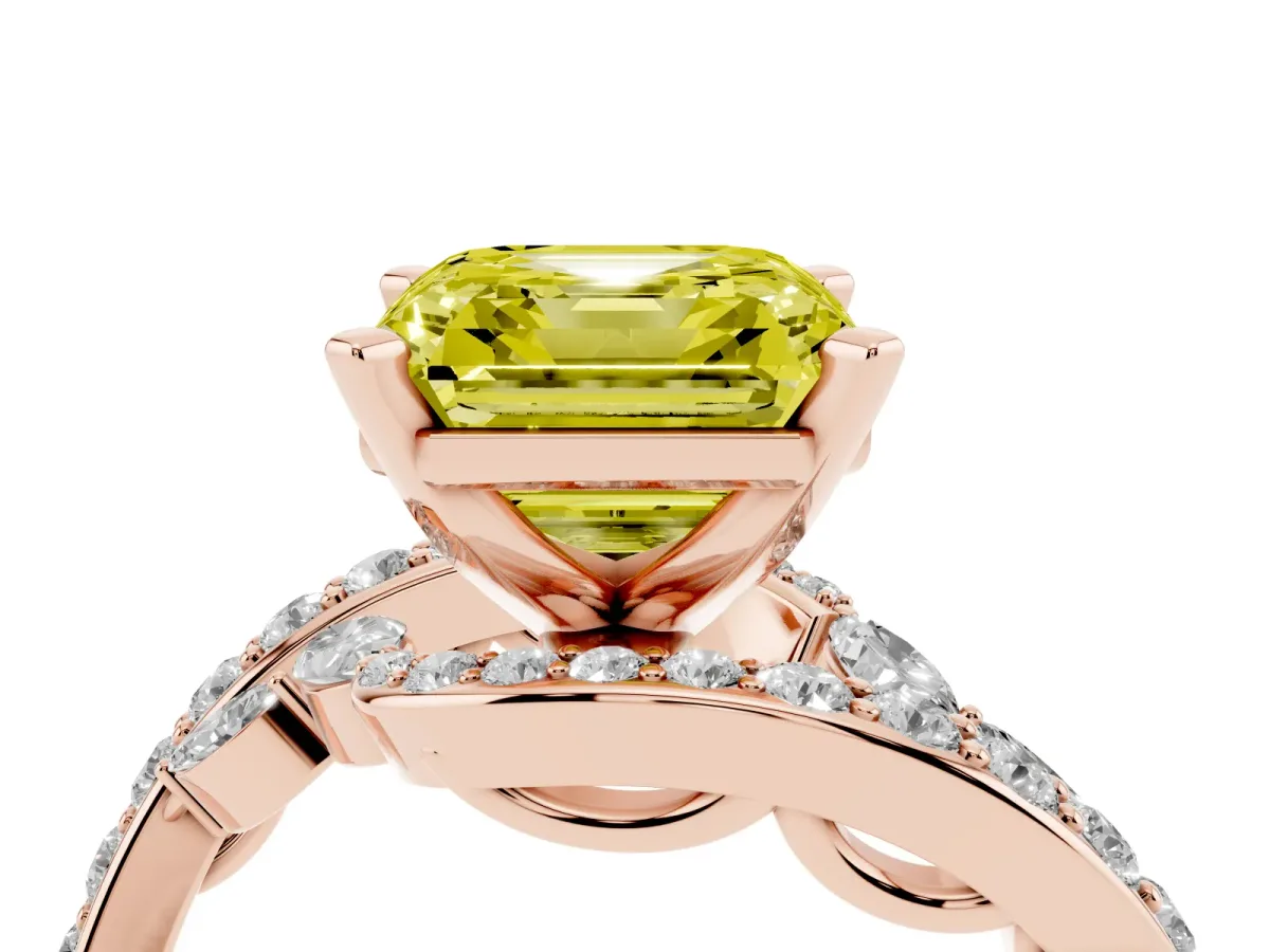 Fancy Yellow Asscher Cut Solitaire with Pavé Twist Band and Four-Prong Setting Rose gold