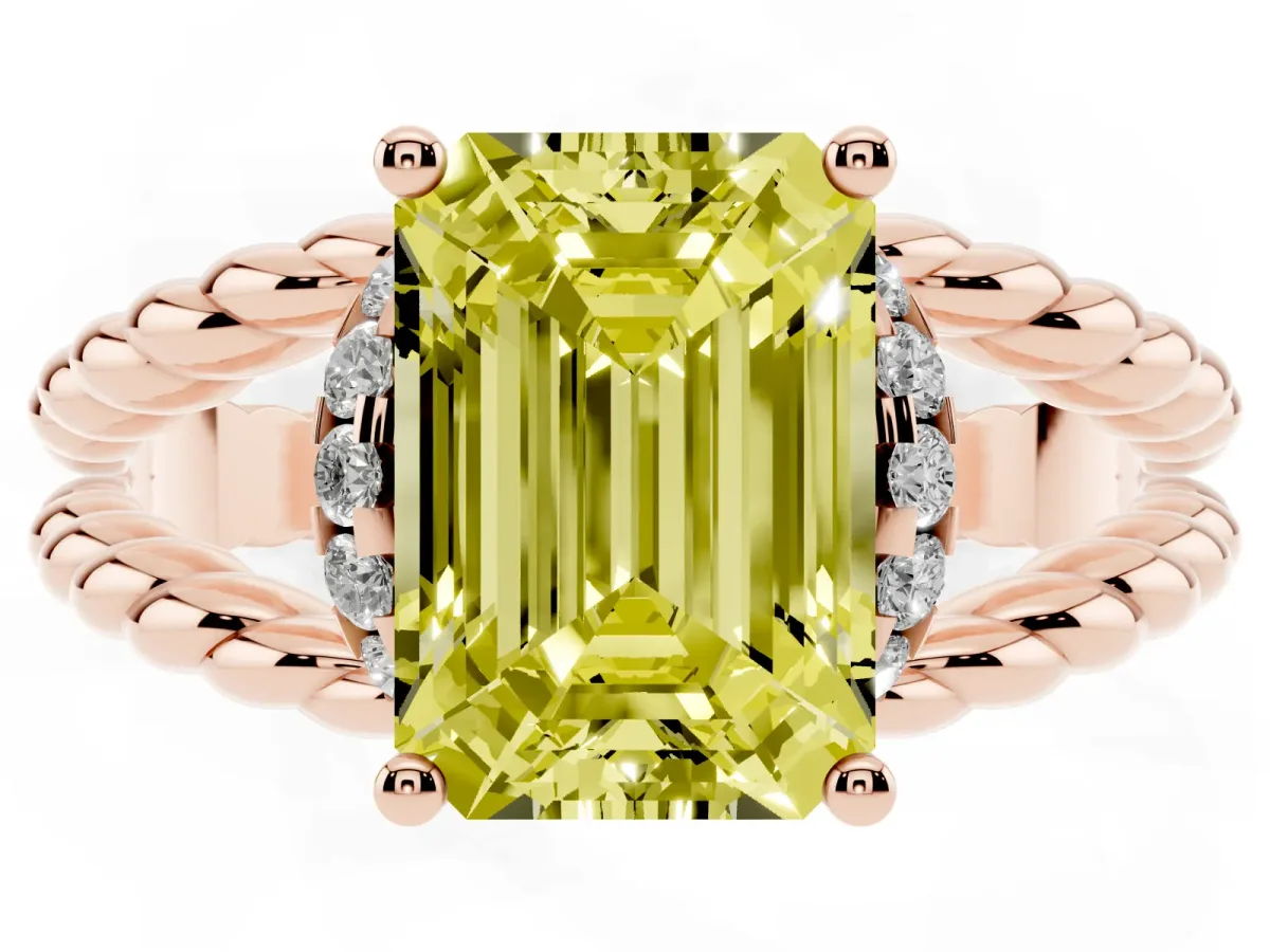 Fancy Yellow Emerald Cut Halo Twisted Band Four-Prong Ring Rose gold