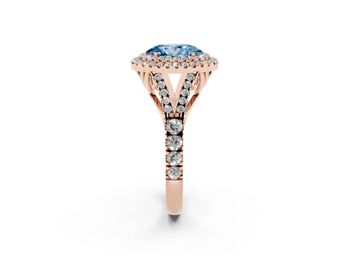 Fancy Blue Oval Cut Cut Double Halo Split Shank Diamond Ring with Prong Setting Rose gold