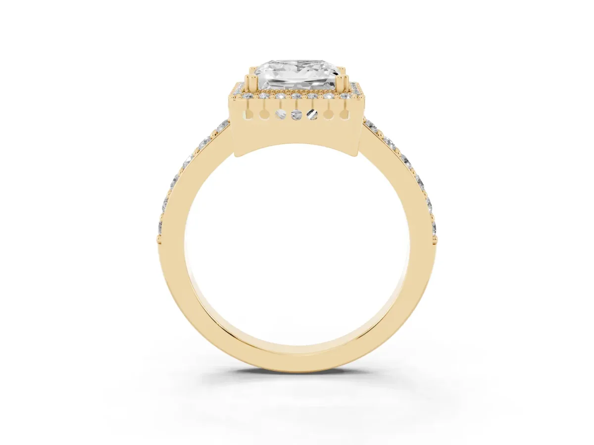 Princess Cut Cut Diamond Halo Engagement Ring with Milgrain Detail and Pavé Band Yellow gold