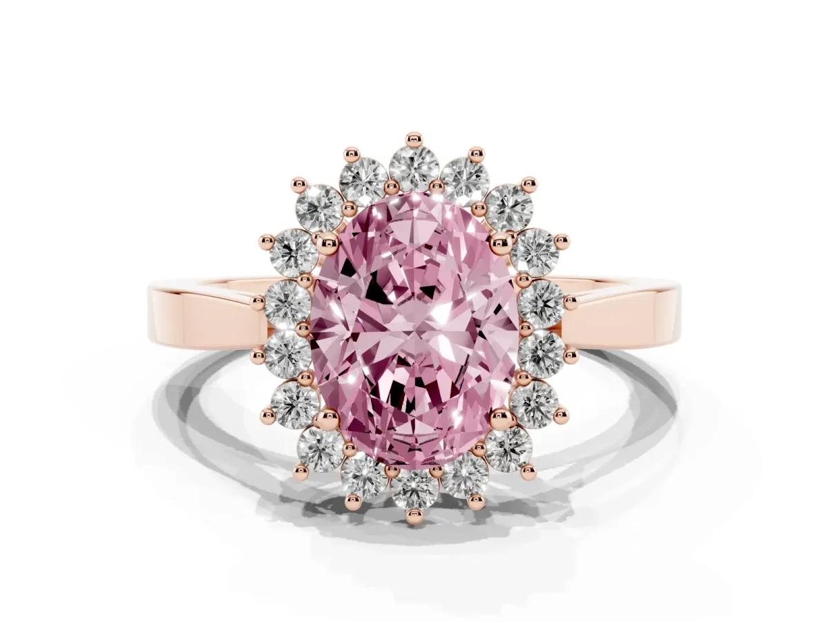 Fancy Pink Oval Cut Cut Diamond Halo Ring with Round Brilliant Halo and Solitaire Band Rose gold