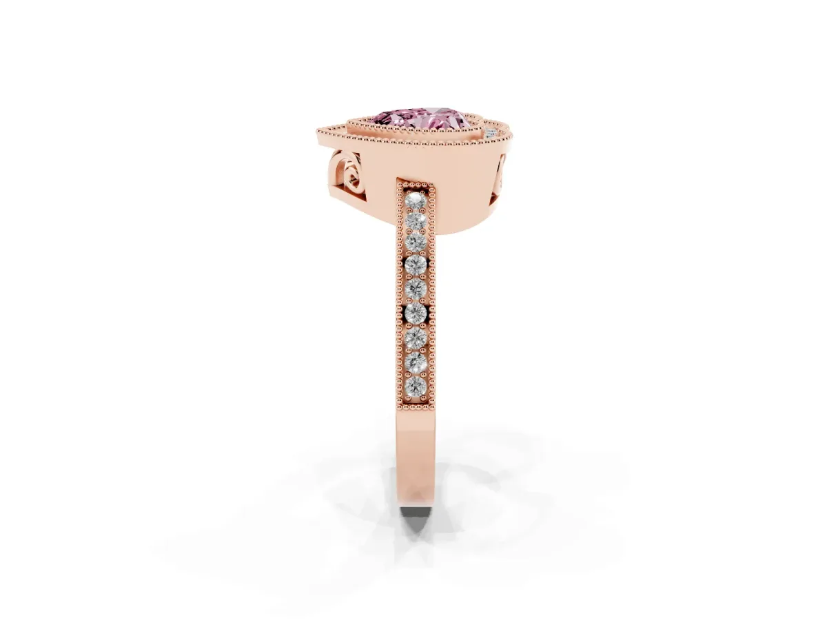 Fancy Pink Heart Cut Cut Halo Diamond Ring with Pavé Band and Milgrain Prong Setting Rose gold