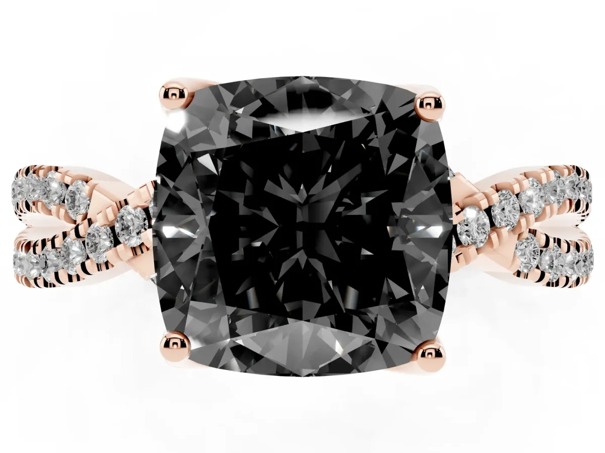 Fancy Black Cushion Cut Solitaire Twist Pave Diamond Engagement Ring with Prong Setting Rose gold